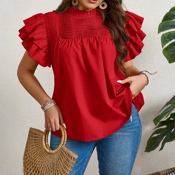 Tops - Red Casual Women's Plus Size Ruffle Trim Tops